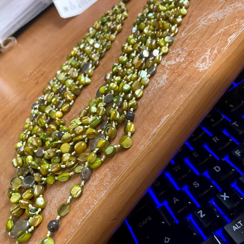 SILPADA 8 STRAND PYRITE & GREEN MOTHER OF PEARL KNOTTED SILK NECKLACE .925 NEW